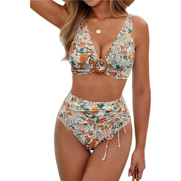 BMJL Womens High Waisted Bikini Sets Floral Two Piece Swimsuits V Neck Tummy - Picture 1 of 7